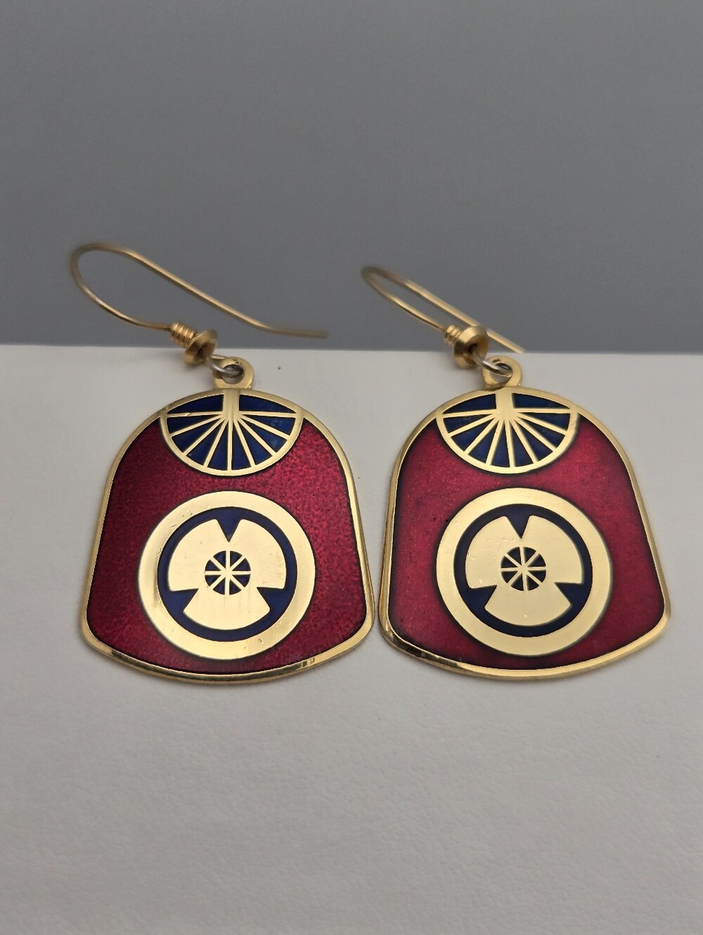 Nuri Japanese Style Cloisonné Fan Earrings Red Black Gold Art Deco 1.75" Vintage